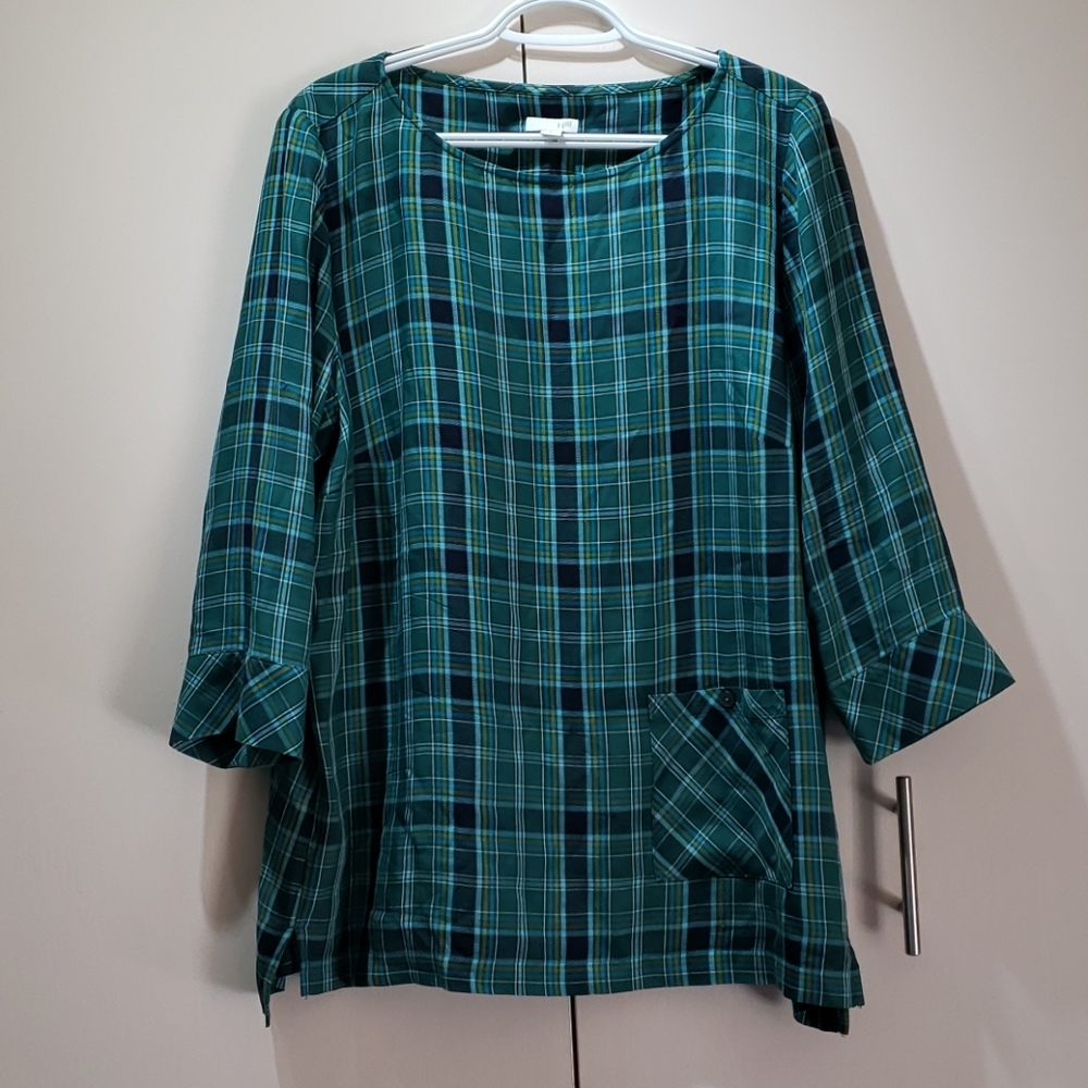 J. Jill Green Plaid Womens Tunic Blouse